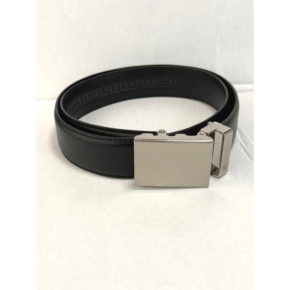 Mission Belt Mens Black Thick Leather Ratchet Belt Silver Buckle Slide No Holes
